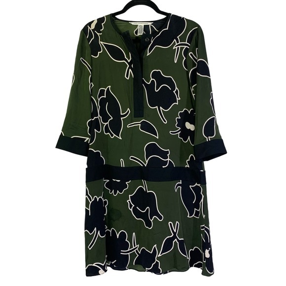 DIANE VON FURSTENBERG Green & Black Floral‎ Silk Nadine Shift Dress Size 6 - Picture 1 of 13